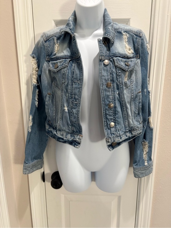 Express Jackets & Blazers - Express Light Blue Distressed Cropped Denim Jacket